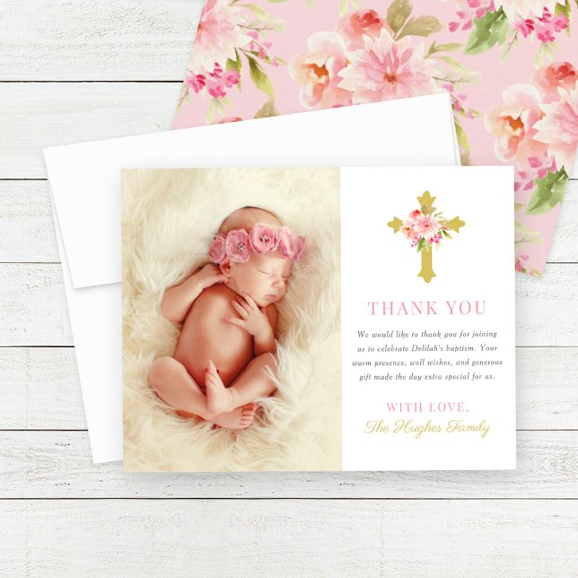 Elegantes Pink Gold Floral Baby Girl Taufe Foto Dankeskarte (Von Creator hochgeladen)