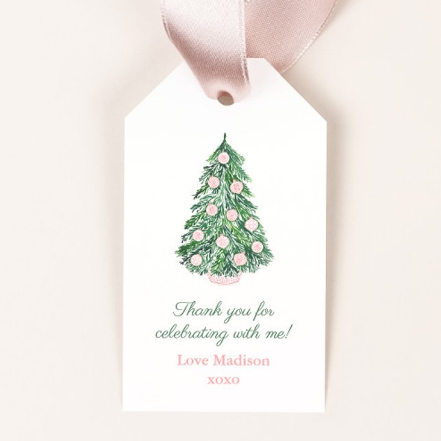 Elegantes Pink Green Christmas Brautparty Gefallen Geschenkanhänger (Watercolor Christmas tree with pink and white chinoiserie chic ornaments bridal shower favor tags)
