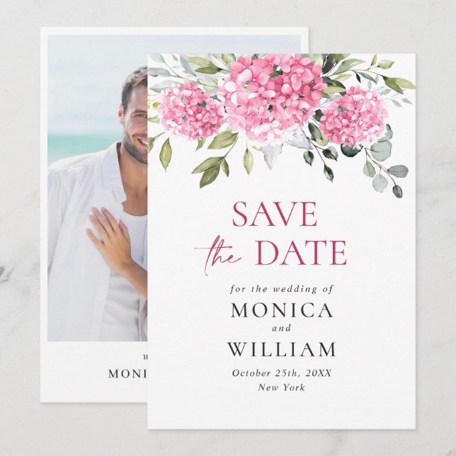 Elegantes Pink Hydrangea Floral Wedding Foto Save The Date (Vorne/Hinten)