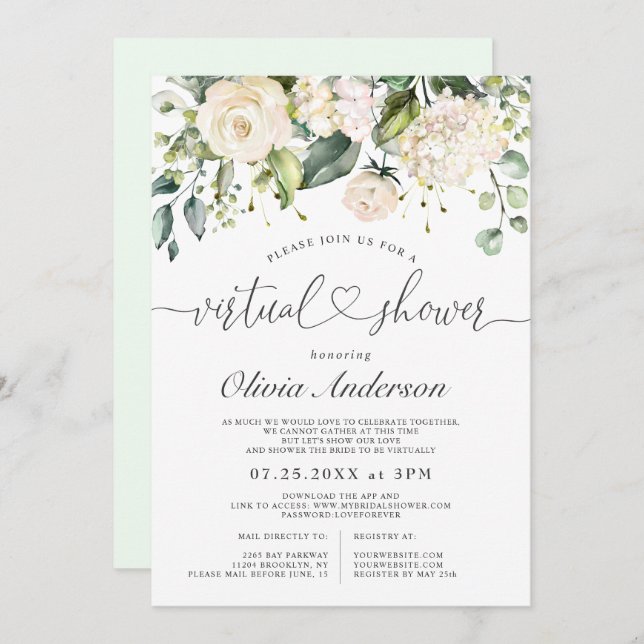 Elegantes Pink Hydrangea Rose virtuelles Brautpart Einladung (Vorne/Hinten)