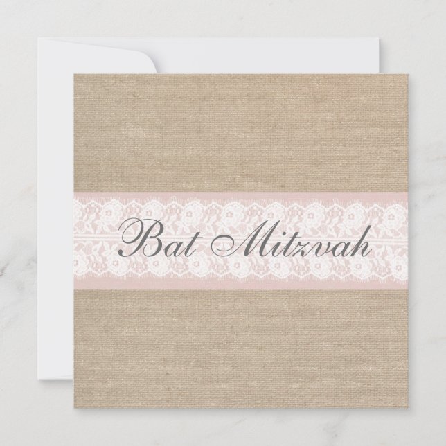 Elegantes Pink Lace Burlap Bat Mitzvah Einladung (Vorderseite)