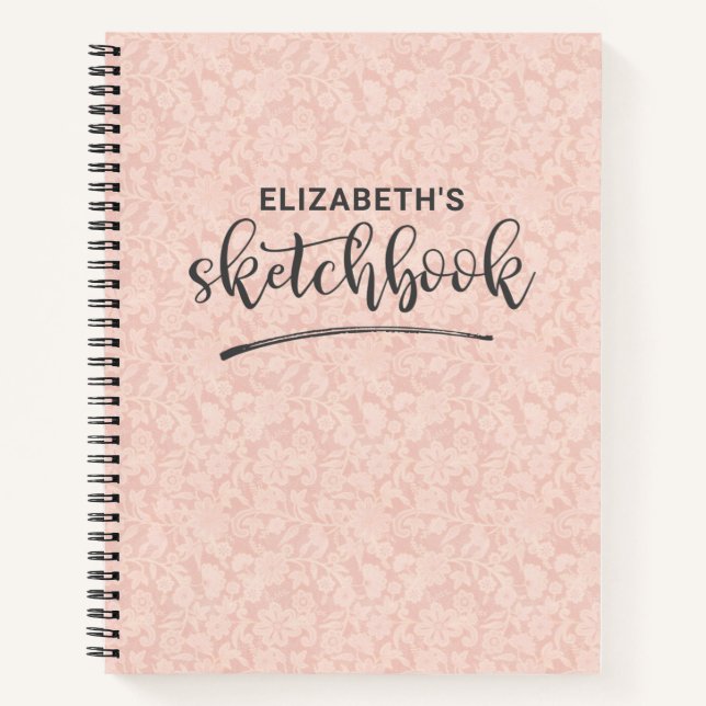 Elegantes Pink Lace Sketchbook mit Name Notebook Notizbuch (Vorderseite)