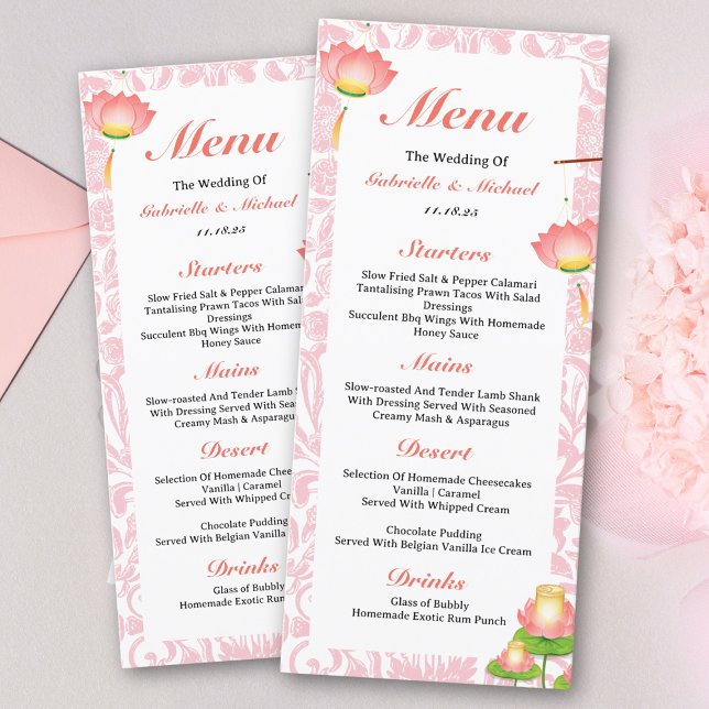 Elegantes Pink Lotus Lanterns Indian Wedding Menu (Von Creator hochgeladen)