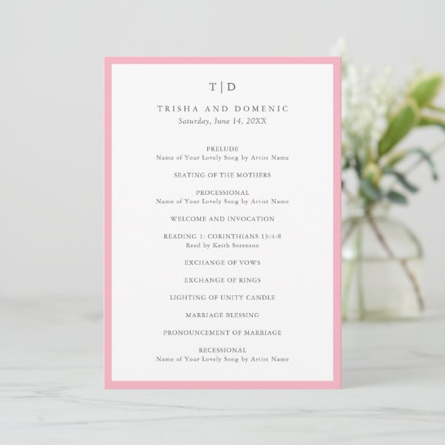 Elegantes Pink Monogramm Moderne Hochzeit Programm (Stehend Vorderseite)