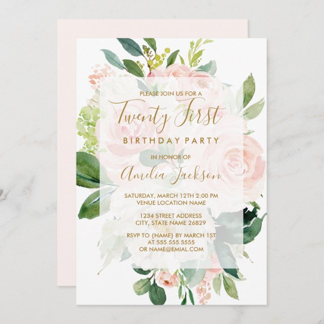 Elegantes Pink Peach Bloom 21. Geburtstag Party Einladung (Vorne/Hinten)