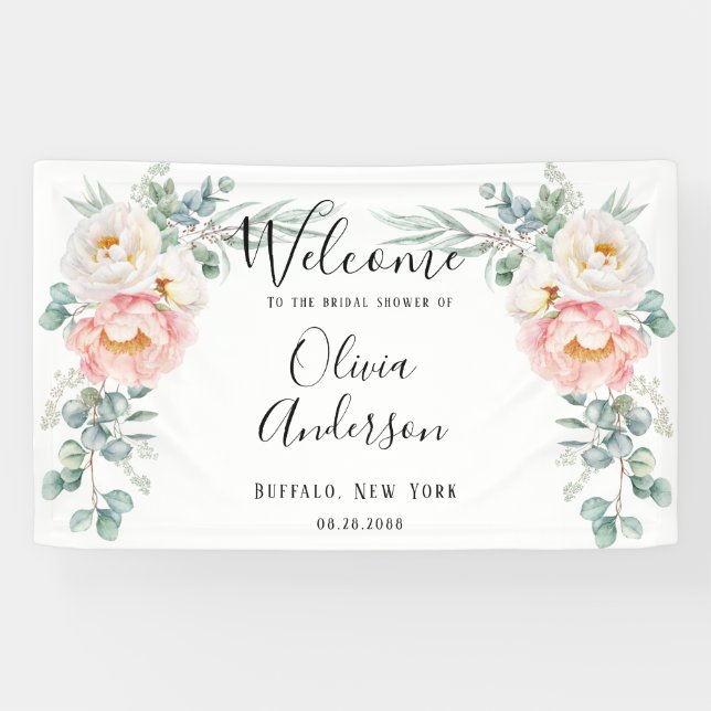 Elegantes Pink Peony Eucalyptus Brautparty Banner (Horizontal)