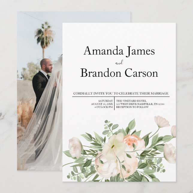 Elegantes Pink Peony Foto Hochzeit Einladung (Vorne/Hinten)