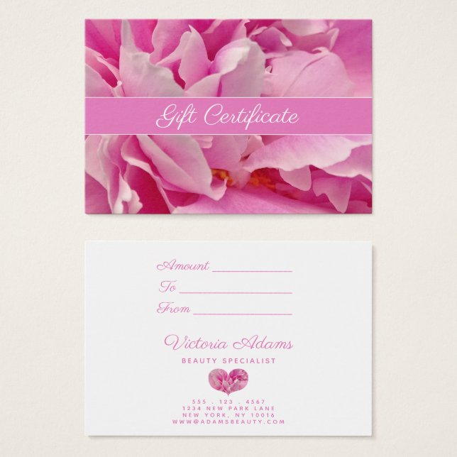 Elegantes Pink Peony Foto | Salon Gift Certificate (Vorne & Hinten)
