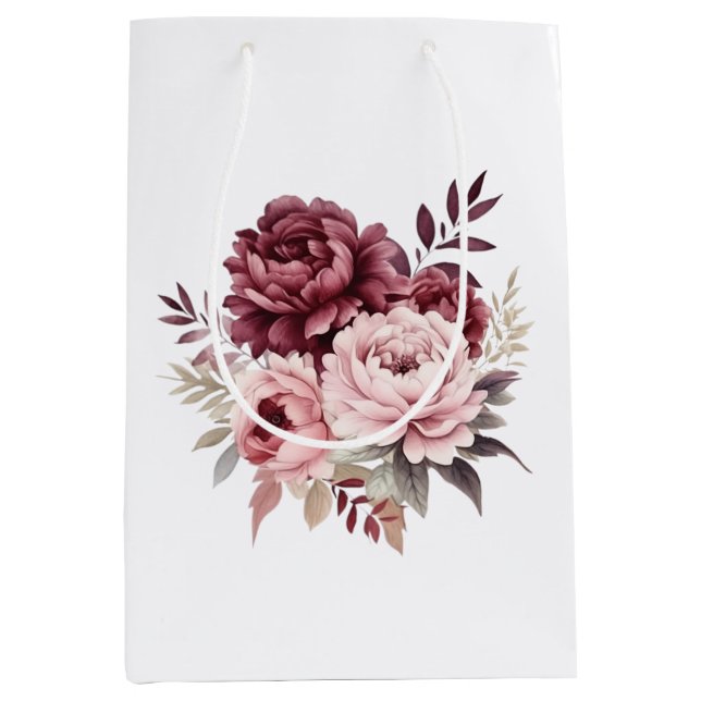 Elegantes Pink-Pink-Burgund Wasserfarben-Peony Mittlere Geschenktüte (Vorderseite)