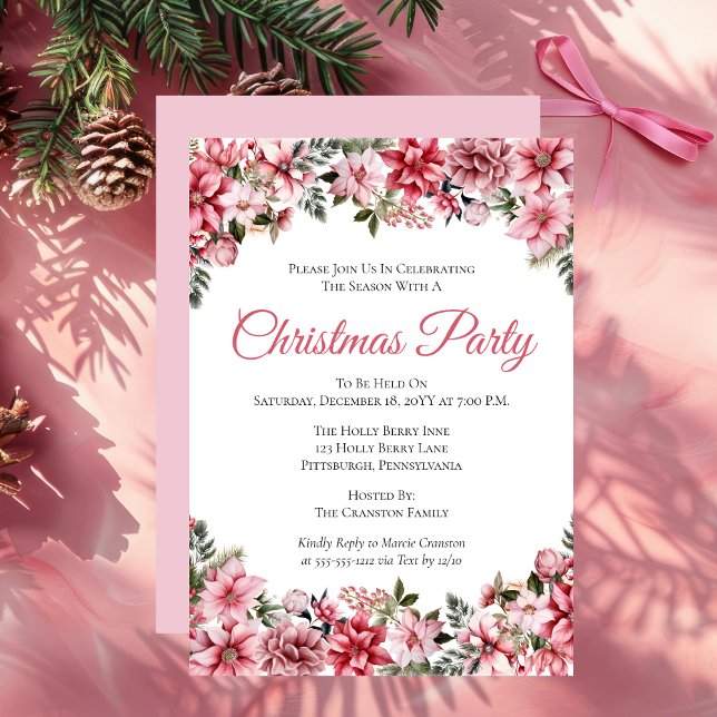 Elegantes Pink Poinsettias Blumenweihnachtsfest Pa Einladung (Elegant Pink Poinsettias Floral Christmas Party Invitation)