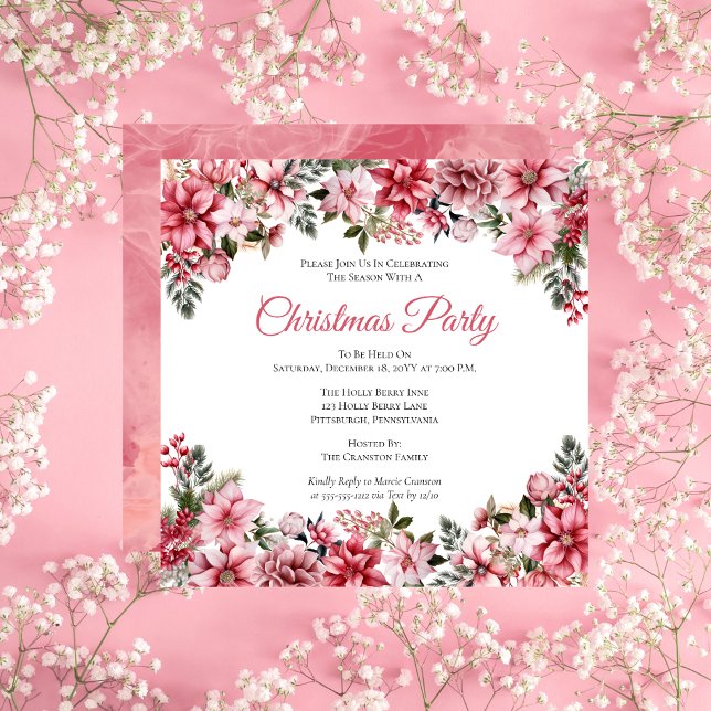Elegantes Pink Poinsettias Blumenweihnachtsfest Pa Einladung (Elegant Pink Poinsettias Floral Christmas Party Invitation)