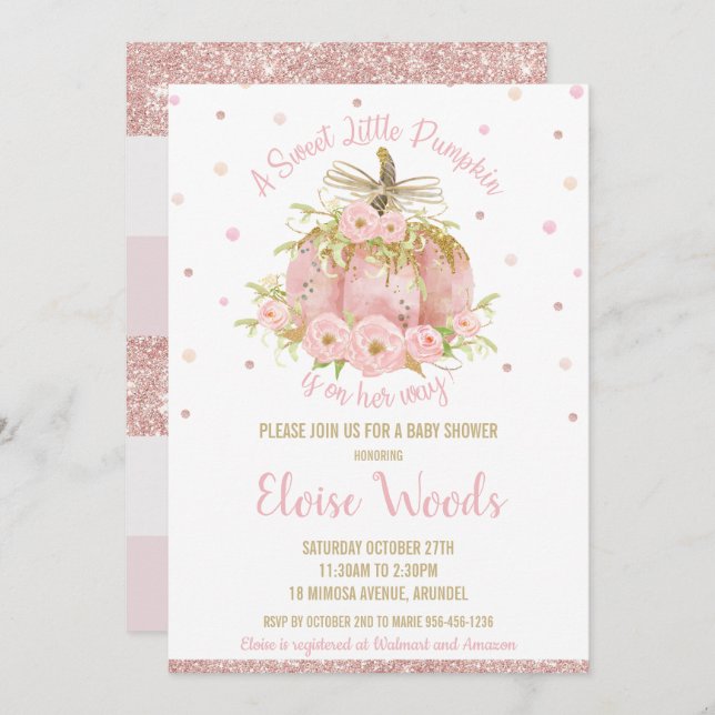 Elegantes Pink Pumpkin Baby Shower Girl Einladung (Vorne/Hinten)
