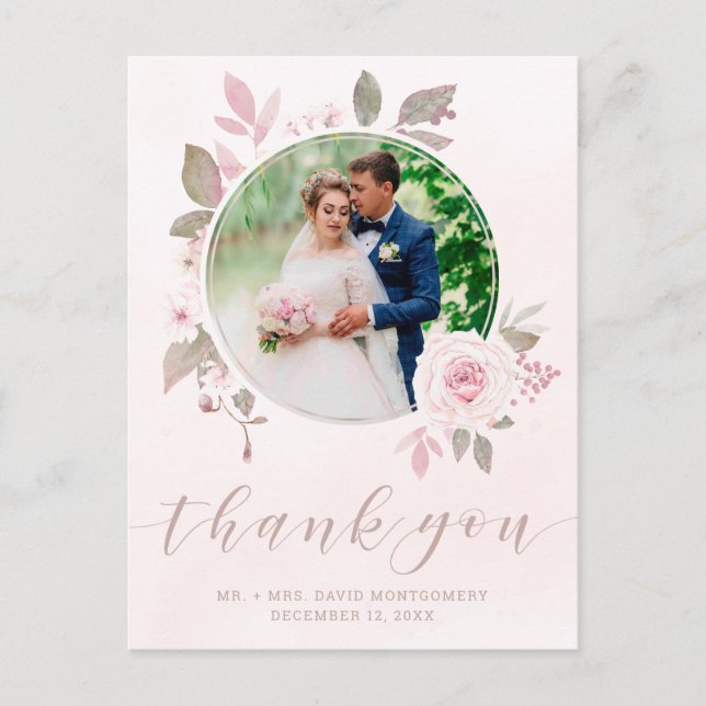 Elegantes Pink Rose Floral Wedding Foto Vielen Dan Postkarte (Vorderseite)