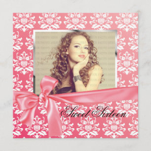 Elegantes Pink Satin Damask Foto Geburtstagsparty Einladung