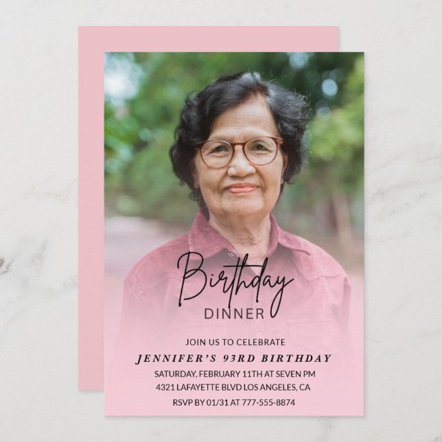 Elegantes Pink Shadow Dinner Foto 93. Geburtstag Einladung (Vorne/Hinten)