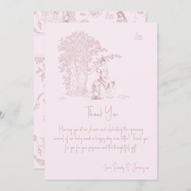 Elegantes Pink Toile Jouy Baby Shower Book Request Dankeskarte (Vorne/Hinten)
