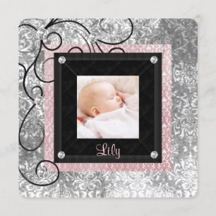 Elegantes Pink und Black Baby Girl Foto Birth Ankündigung