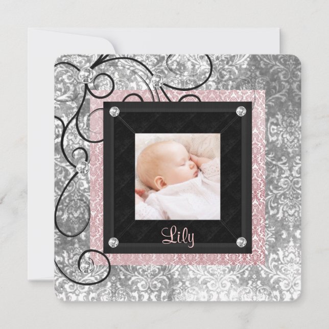Elegantes Pink und Black Baby Girl Foto Birth Ankündigung (Vorderseite)