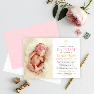 Elegantes Pink und Gold Baby Girl Foto Taufe Einladung