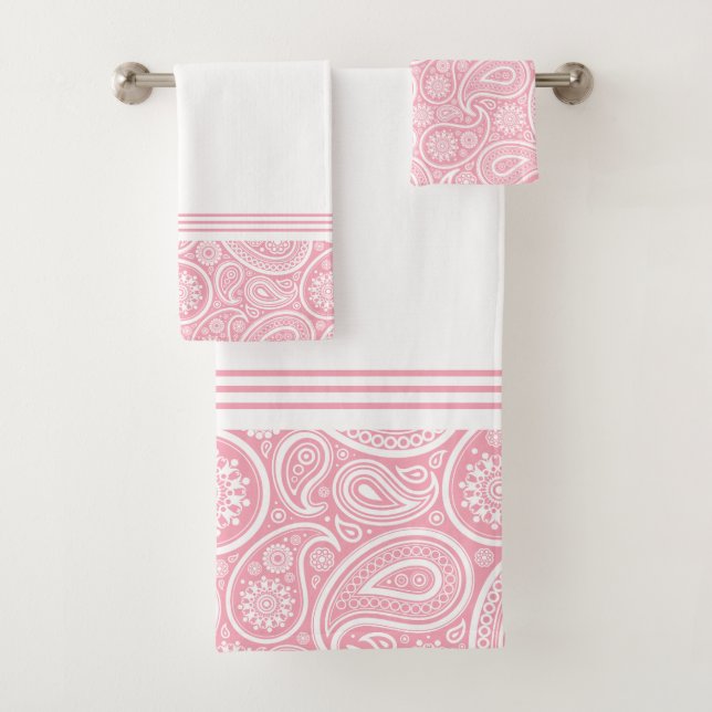 Elegantes Pink White Paisley Muster Badhandtuch Set (Insitu)
