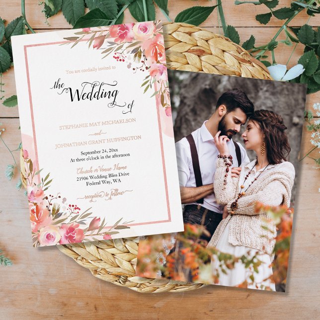 Elegantes pinkfarbenes Foto Wasserfarben Hochzeit Folieneinladung (Elegant Pink Floral Watercolor Photo Wedding Foil Invitation)