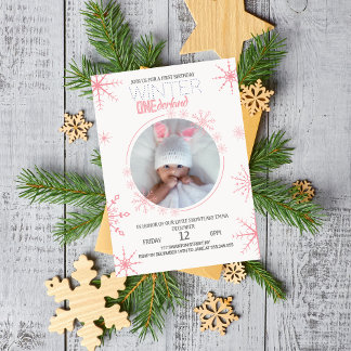 Elegantes pinkfarbenes Wintermonederland 1. Geburt Einladung