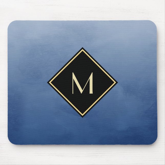 Elegantes Pinselblau mit einfachem Goldmonogramm Mousepad (Vorne)