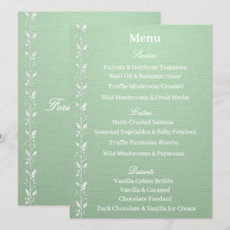 Elegantes Pistazien-Grün-Hochzeitsmenü Menükarte