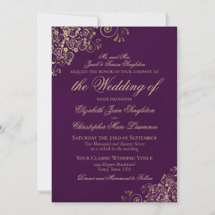Elegantes Plum Lila & Gold feierliche Hochzeit Einladung