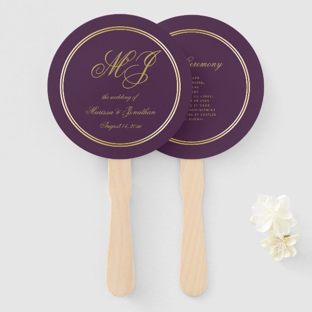 Elegantes Plum Lila Gold Monogram Wedding Program Fächer (Vorne und Hinten)