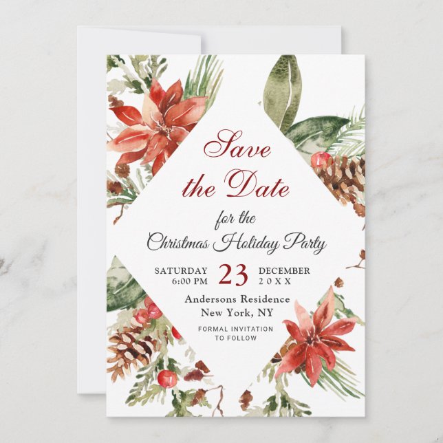 Elegantes Poinsettia Holiday Weihnachten Party Save The Date (Vorderseite)