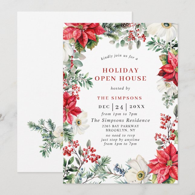 Elegantes Poinsettia Open House Weihnachts-Party Einladung (Vorne/Hinten)