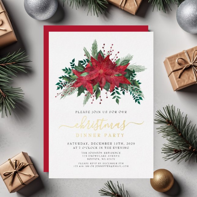 Elegantes Poinsettia Weihnachtsabend Party Gold Folieneinladung (Elegant Poinsettia Christmas Dinner Party Gold Foil Invitation)