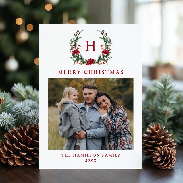 Elegantes Poinsettia-Wreath-Monogramm-Foto Feiertagskarte (Von Creator hochgeladen)
