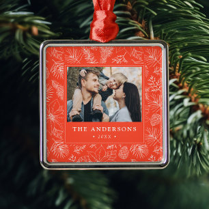 Elegantes Poinsettias und Pinecones Orange Foto Ornament Aus Metall