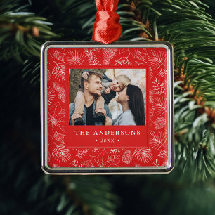 Elegantes Poinsettias und Pinecones Rotes Foto Ornament Aus Metall