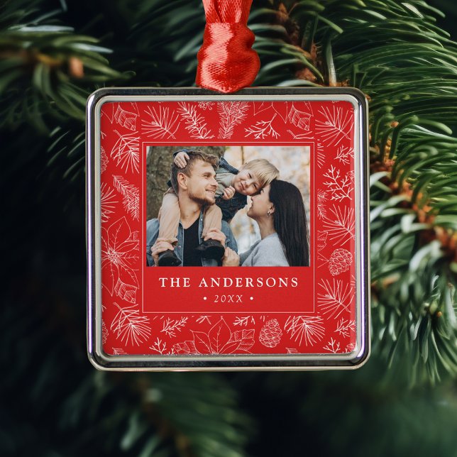 Elegantes Poinsettias und Pinecones Rotes Foto Ornament Aus Metall (Von Creator hochgeladen)