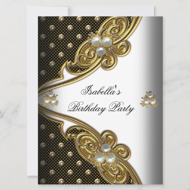 Elegantes Polka Dots White Black Gold Party Einladung (Vorderseite)