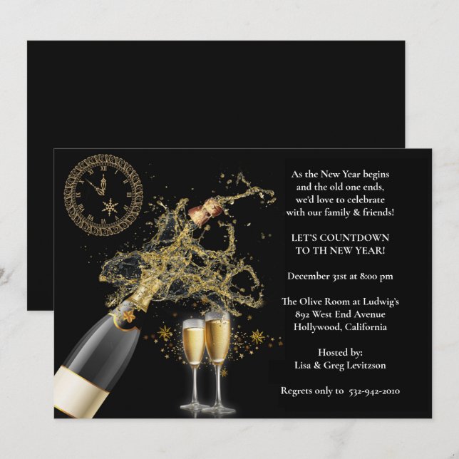 Elegantes Popped Champagne Silvester Party Einladung (Vorne/Hinten)