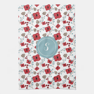 Elegantes Poppies- und Berries-Mustermonogramm Geschirrtuch