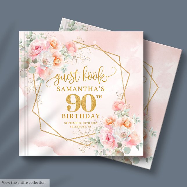 Elegantes Powder Pink Gold Blume 90. Gästebuch (Elegant Powder Pink Gold Flowers 90th Guest Book)