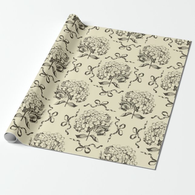 Elegantes Preppy Beige Toile Hydrangea Bow Muster Geschenkpapier (Ungerollt)