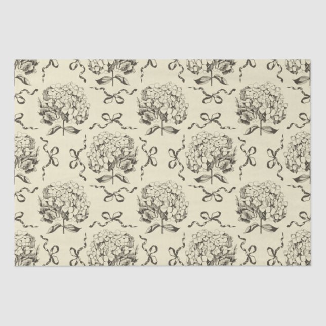 Elegantes Preppy Beige Toile Hydrangea Bow Muster Seidenpapier (Vorderseite)