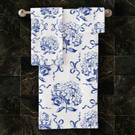 Elegantes Preppy Blue Hydrangea Bow Toile Muster Badhandtuch Set