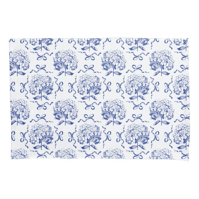 Elegantes Preppy Blue Hydrangea Bow Toile Muster Kissenbezug (Vorderseite)