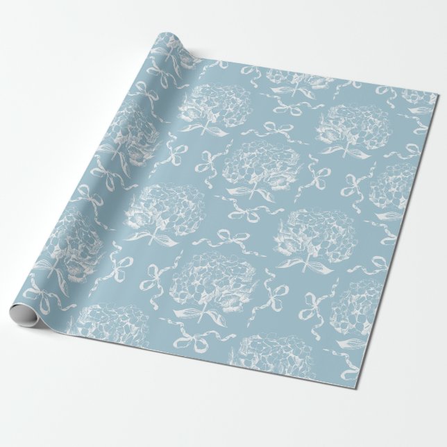 Elegantes Preppy Hydrangea Bow Blue Toile Muster Geschenkpapier (Ungerollt)