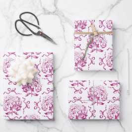 Elegantes Preppy Hydrangea Bow Pink Toile Muster Geschenkpapier Set
