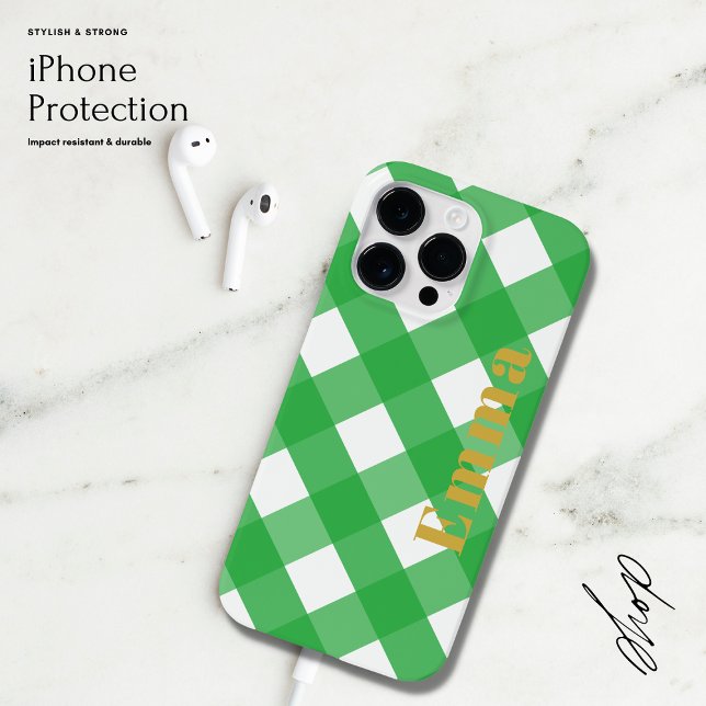 Elegantes Preppy Modern Green Kariert Karo Monogra Case-Mate iPhone Hülle (Von Creator hochgeladen)