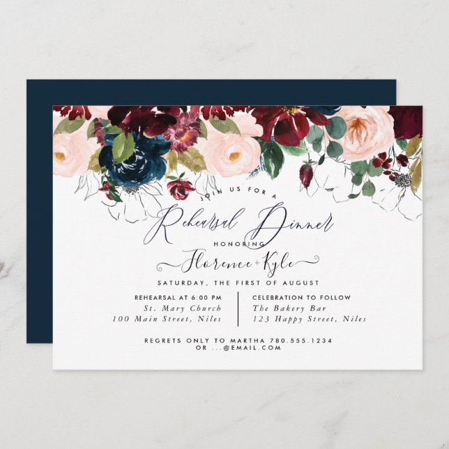 Elegantes Probe-Dinner Burgund+Marine Einladung (Vorne/Hinten)