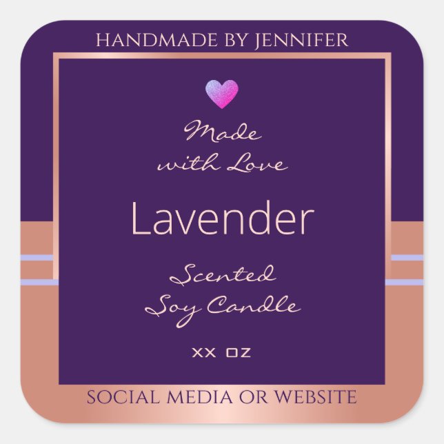 Elegantes Produktverpackungslabel Lila Rose Gold Quadratischer Aufkleber (Vorderseite)
